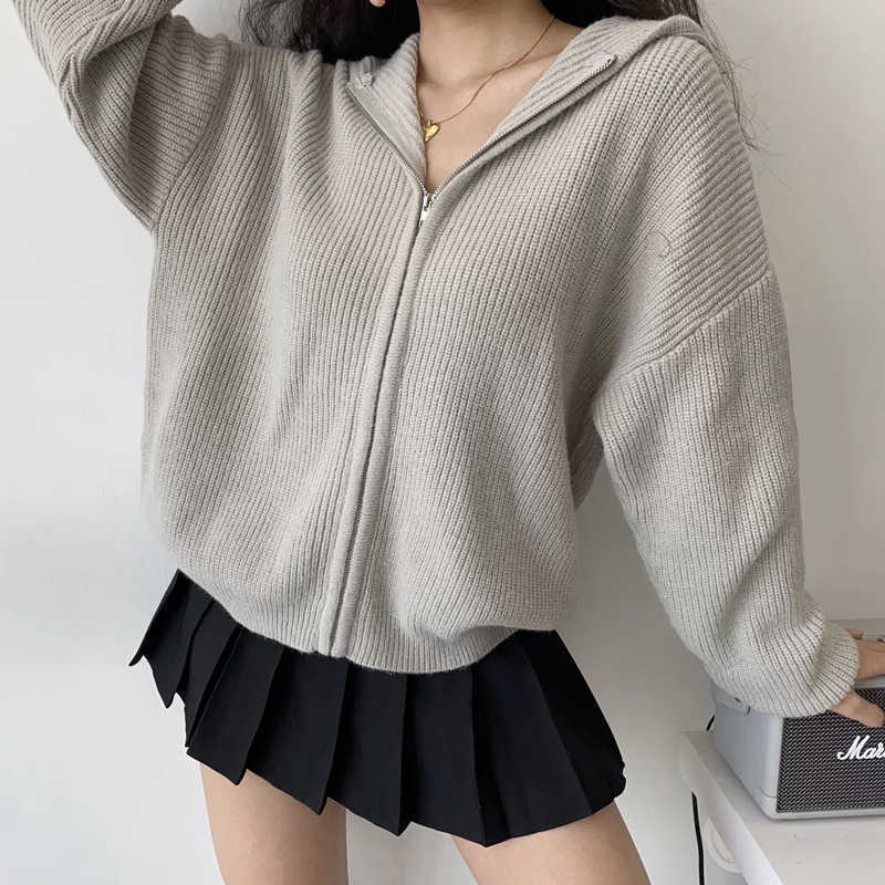 Women Drop Shoulder Zip Up Slouchy Knit Hooded Cardigan Chunky Relaxed 210914