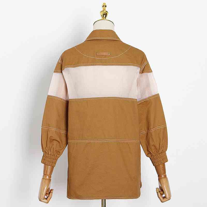 VGH Casual Hit Color Jacket For Women Lapel Long Sleeve Splicing Button Loose Jackets Female Fashion New Clothing Autumn 210421
