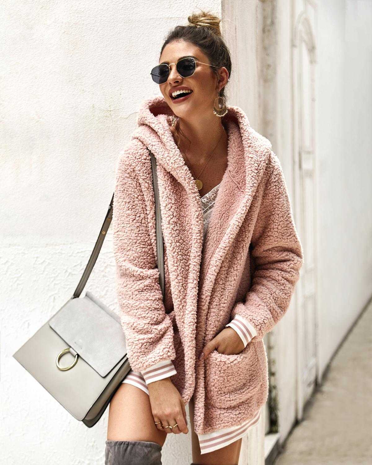 Thick Winter Women Casual Faux Fur Jackets Warm Cardigan Female Teddy Plush Coats Sweatshirt Outerwear Overcoats Streetwear 211019