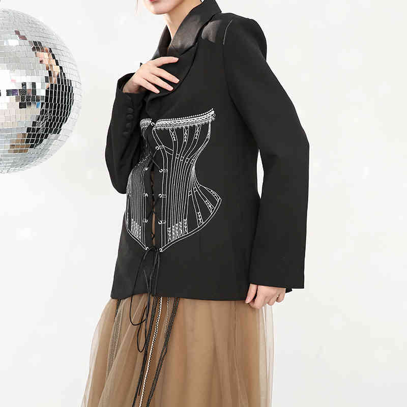 [EAM] Women Black Bandage Shaped Blazer Lapel Long Sleeve Loose Fit Jacket Fashion Spring Autumn 1DC4090 210512