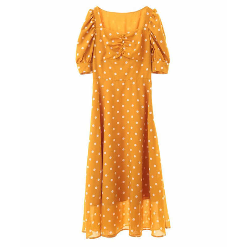 Japanese Style Kawaii Polka Dot Print Elegant Square Collar Puff Short Sleeve Female Robe Summer Slim Dresse 210525