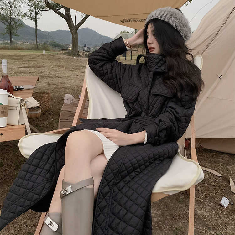 Bella Winter Long Straight Coat Rhombus Pattern Casual Sashe Parkas Pockets Argyle Long Plaid Bubble Jacket 210819