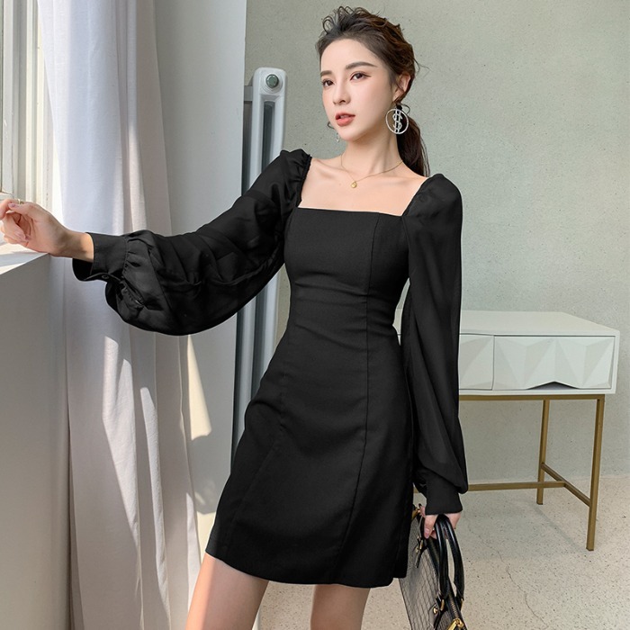 Summer Dress Dark Blue Long Sleeve Slim Commute Mini Sexy Hip Woman Square Collar Vestido 13274 210427