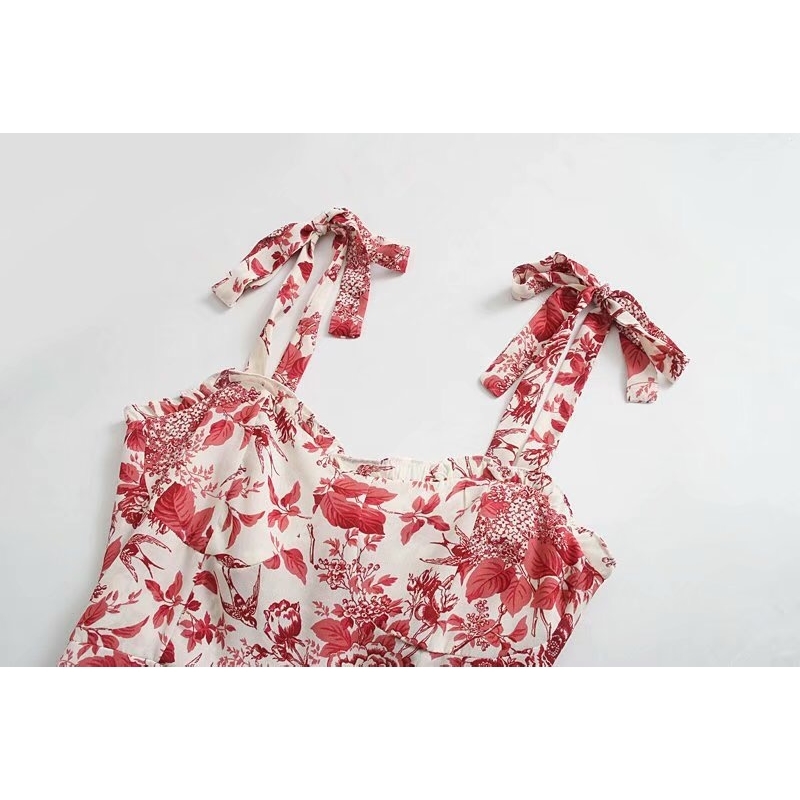 French Floral Print Bandage Spaghetti Strap Ruffles Hem Midi Dress Retro Sexy Women Tie Bow Sling Slit Summer Vestido 210429