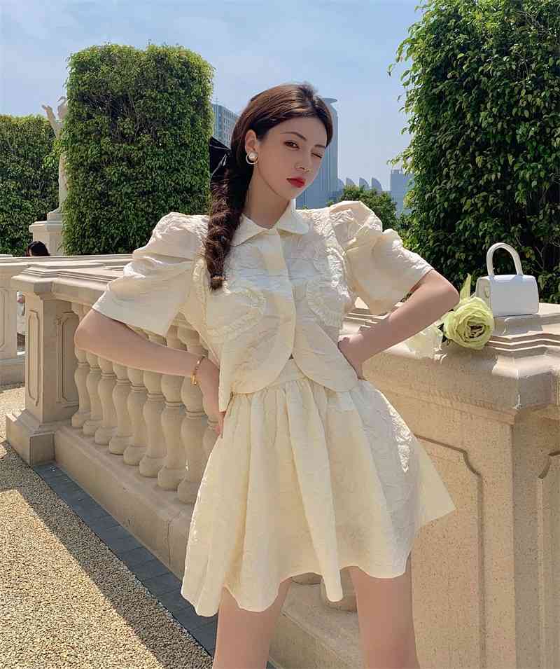 French Elegant 2 Piece Sets Fashion Sweet Peter Pan Collar Puff Sleeve Shirt Top + High Waist Mini Skirts Women Set Femme 210519