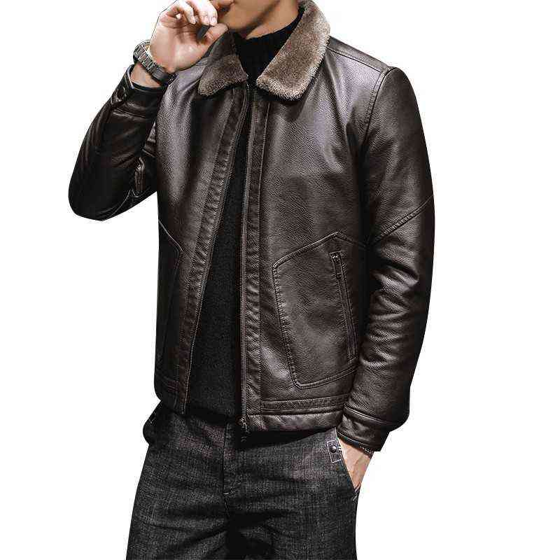 Vintage Leather Jacket Men Coffee Jacket Brown Leater Jacket Casual Wear Street Fashion Men Coat Fur Collar Slim Fit Biker Coat 211110