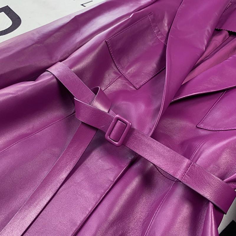 Women 2021 Long Purple Sheepskin Genuine Leather Jacket Belted Slim Fit Office Ladies Party Outwear Windbreaker Trench Coat Women's & Faux