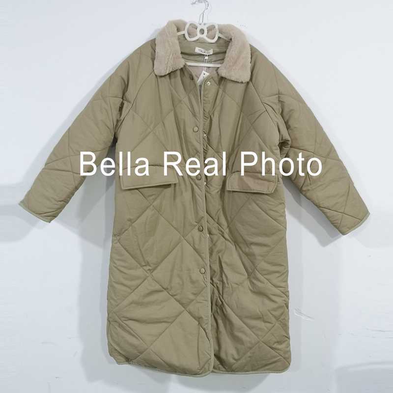 Winter Women Fur Collar Oversize Rhombus Pattern Long Parkas Pocket Female Warm Cotton Overcoat Single Breasted Outwears 211013