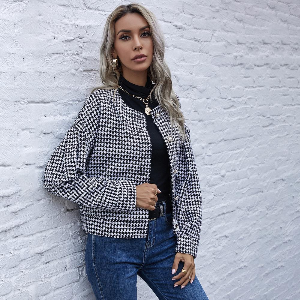 Fashion Coats And Jackets Black Elegant Ladies Plaid Houndstooth Buttons Autumn Winter Clothes Women Outerwear New Fall 210415