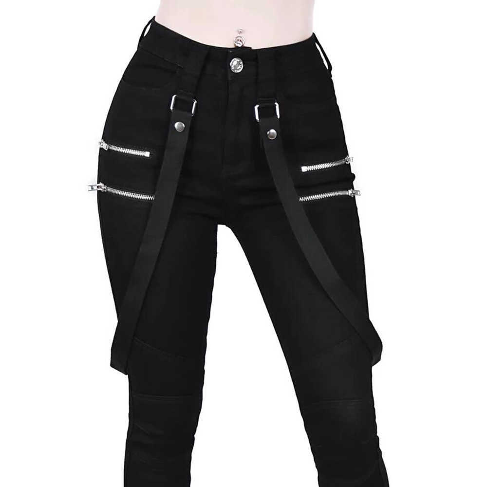 Women Gothic Pencil Pants Trousers Belt Zipper Ladies Streetwear Long Pants Solid Black Hip Hop Long Trousers D30 211006