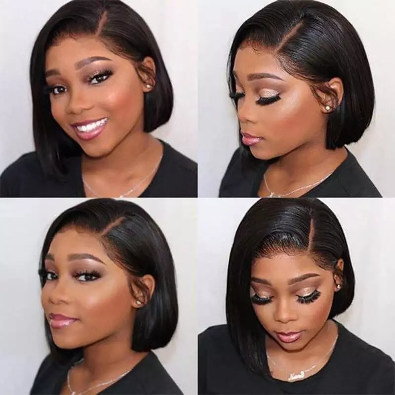 Lace Front Synthetic Hair Wigs Short Bob 1B Color Natural Straight Side Part 14inch Wig Medium size