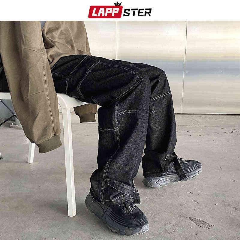 LAPPSTER Men Patchwork Harajuku Y2k Baggy Jeans Japanese Streetwear Hip Hop Wide Leg Denim Trousers Plus Size Harem Pants 211120