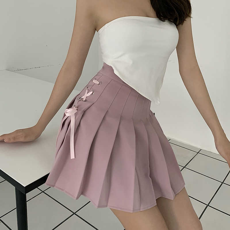 Sweet Bow Bandage High Waist Woman Skirts Causal Korean Pleated A-line Skirt Summer Faldas Mujer Moda 6H068 210603