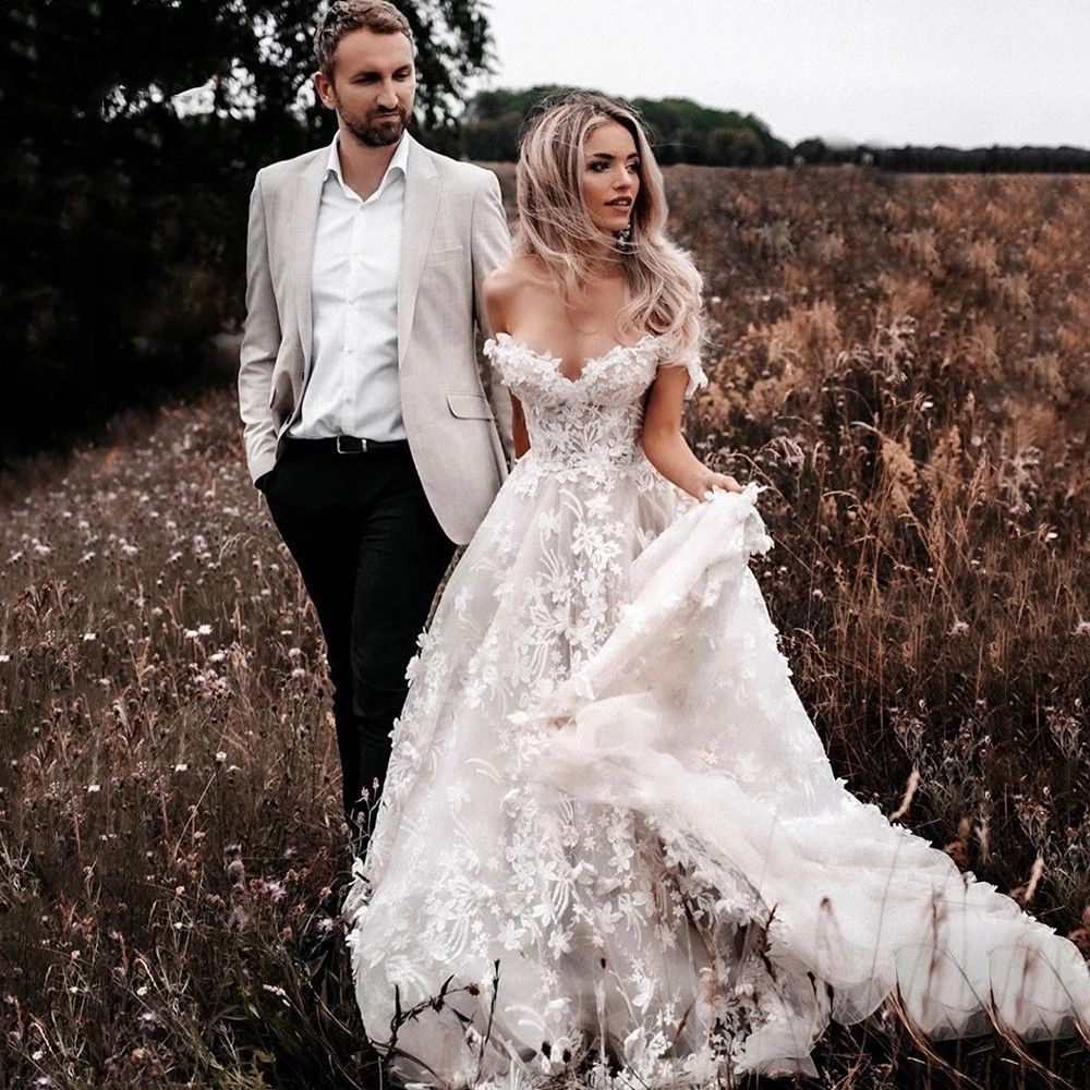 Gorgeous 3D Floral Wedding Dresses Off Shoulder Sweetheart Full Appliques lace country bohemian beach Bridal Gowns Open Back