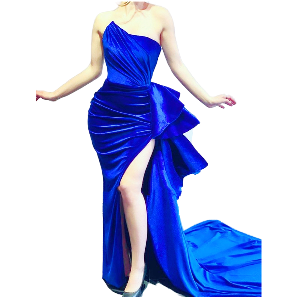 Elegant Royal Blue Velvet Mermaid Evening Dresses For Women 2022 Strapless Side High Split Long Prom Dress Back Lace Up Plus Size Special Occasion Dre