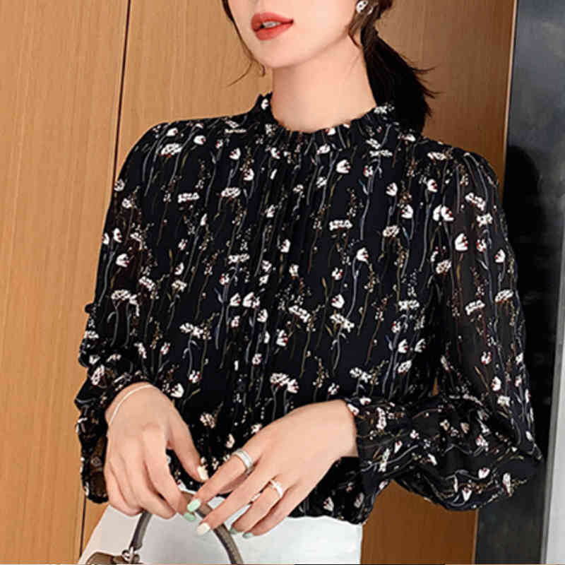 Arrival Stand Collar Blouse Women Korean Fashion Clothing Print Long Sleeve Chiffon Tops and 6755 50 210506
