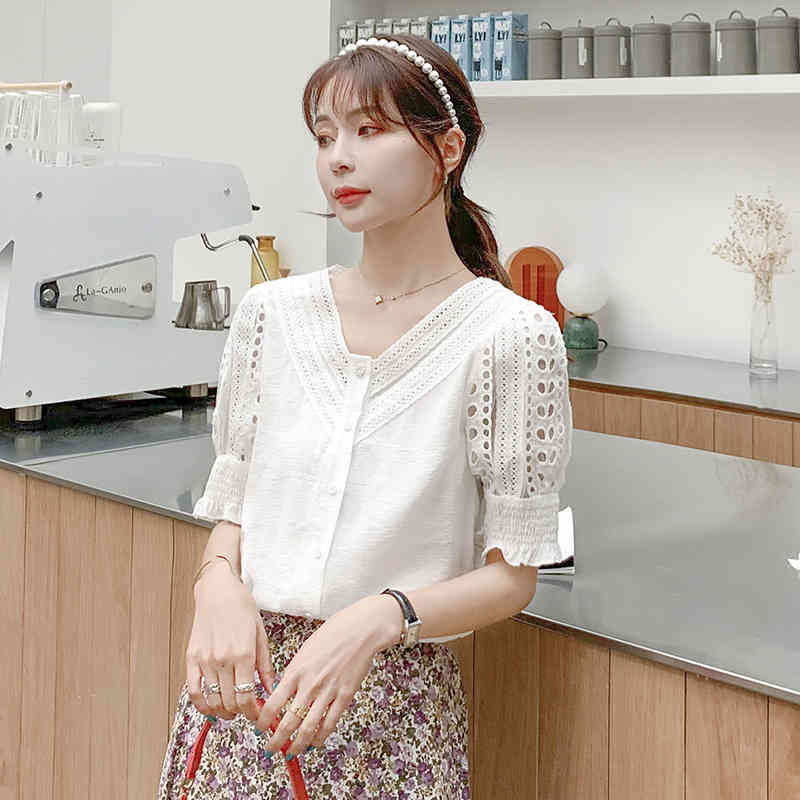 Blusas Mujer Summer V-neck Chiffon Shirt Casual Short Sleeve White Women Blouse And Tops Hollow Out Clothing 9556 210415