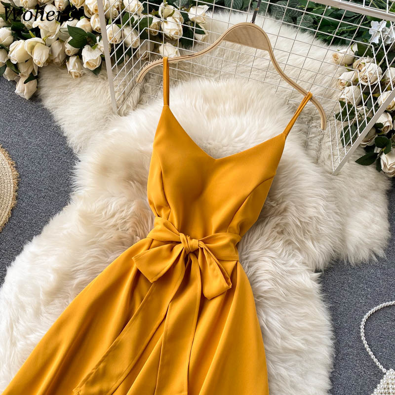 Summer Korean Chic Sexy Yellow Spaghetti Strap V-neck Party Dresses Vintage Solid Bandage Slim Long Robe Vestidos 210519