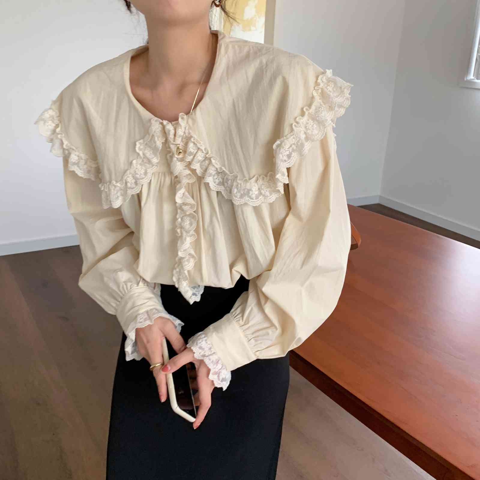 Apricot Office Lady Casual Brief Chic Loose Retro Gentle Blouses Tops Streetwear All Match Stylish Shirts 210416