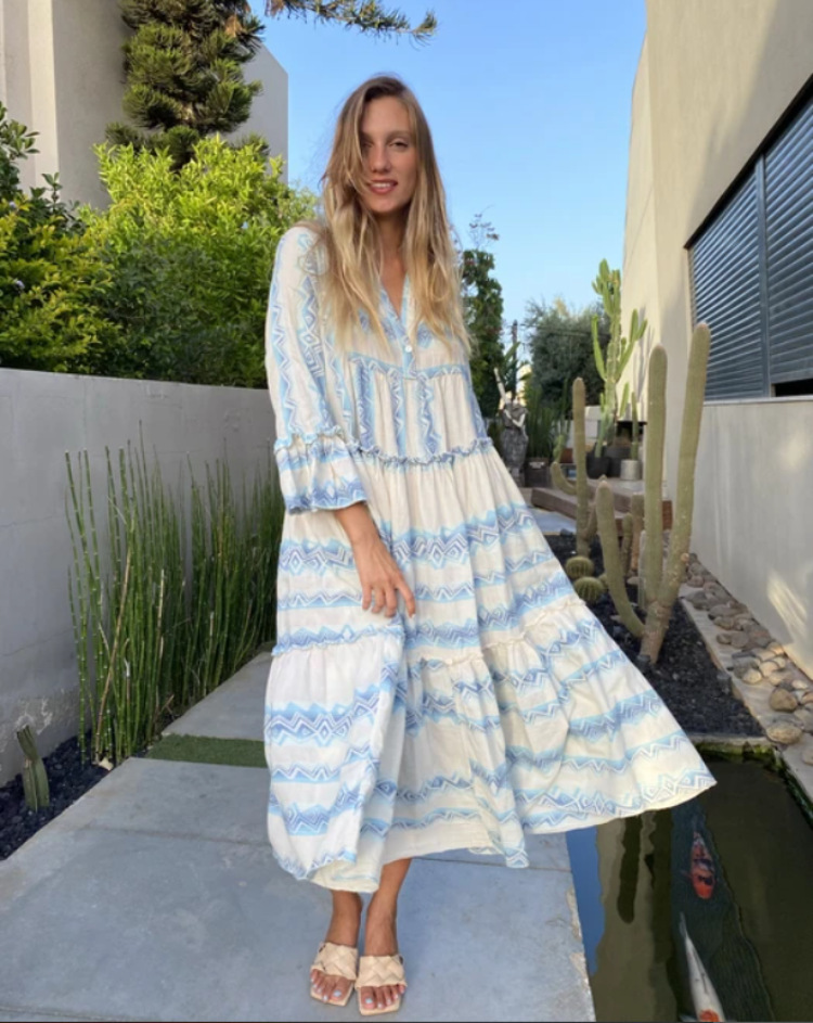 Women Dress V Neck Flare Sleeve Printed Bohemia es Long Print Floral Maxi Loose Beach Summer es 210513