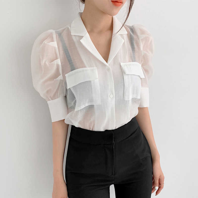 Korejpaa Women Shirt Summer Korean Chic Simple Temperament Lapel Double Pocket Loose Micro-Transparent Puff Sleeve Blouses 210526