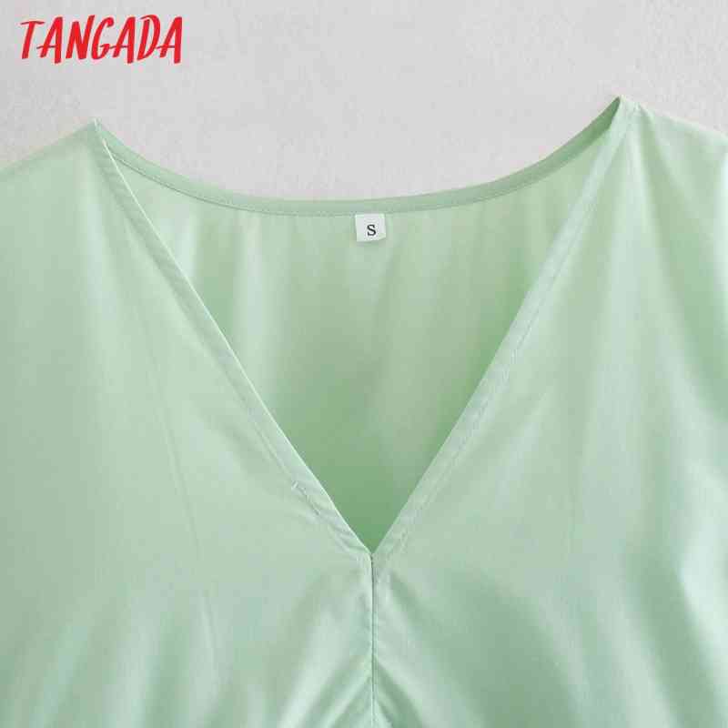 Fashion Women Solid Green A-line Arrival Long Sleeve Ladies V Neck Loose Mini Dress Vestidos CE137 210416