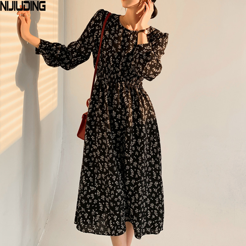 Women's O-Neck Floral Dresses Autumn Loose Slimming Mid-Length Full Sleeve Zipper Winter Bottoming Chiffon Dress Femee Vestidos 210514