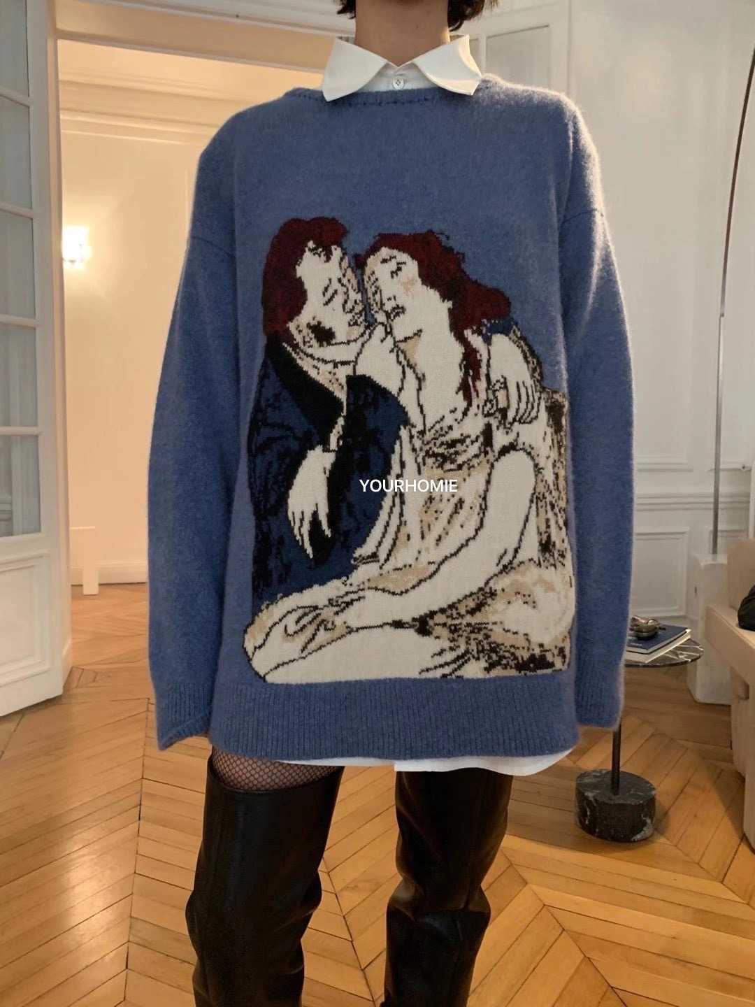 fashion second rich erd melancholy generation blue lovers graffiti printing knitted cashmere wool sweater, Sky blue 
fashion second rich erd melancholy generation blue lovers graffiti printing knitted cashmere wool sweater, Sky blue