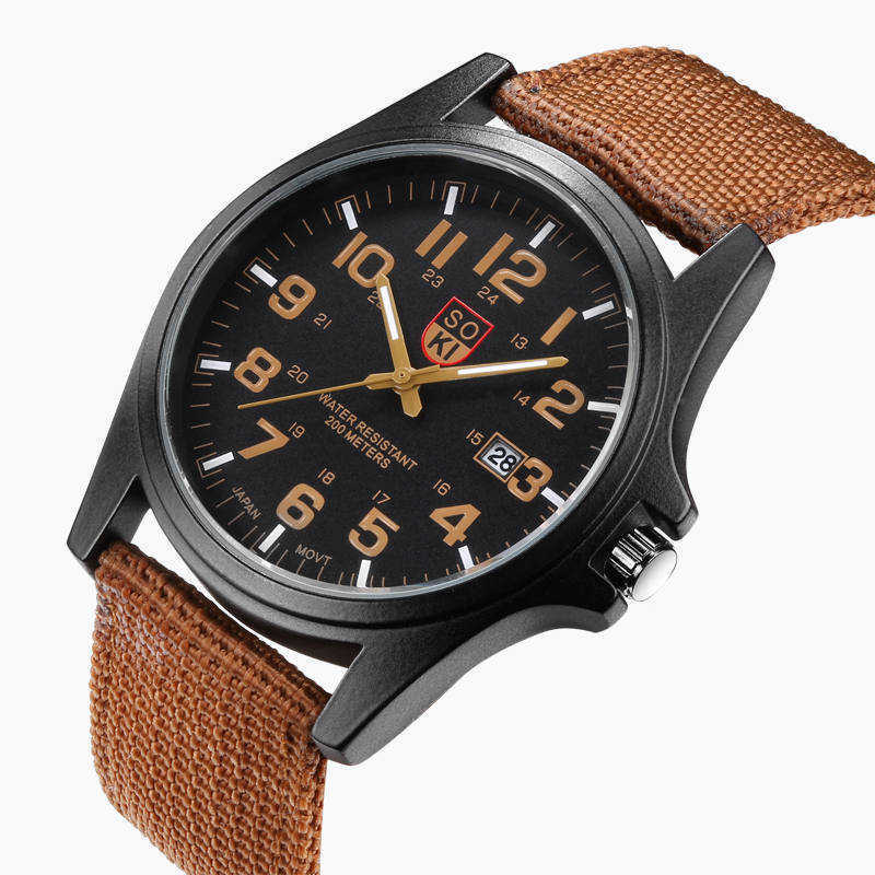 Soki Swiss fashion military watch woven nylon band men's calendar sports quartz watch, Brown
Soki Swiss fashion military watch woven nylon band men's calendar sports quartz watch, Brown