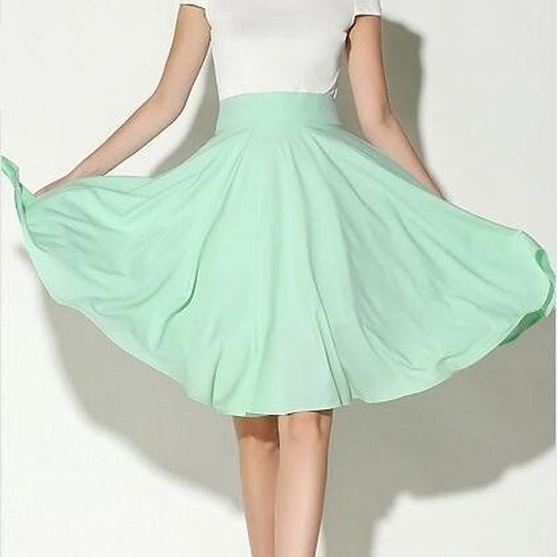 New Fashion Women Solid Knee-Length Big Swing Umbrella Skirt High Waist Vintage Ladies Midi Saia Skater Skirt 210408