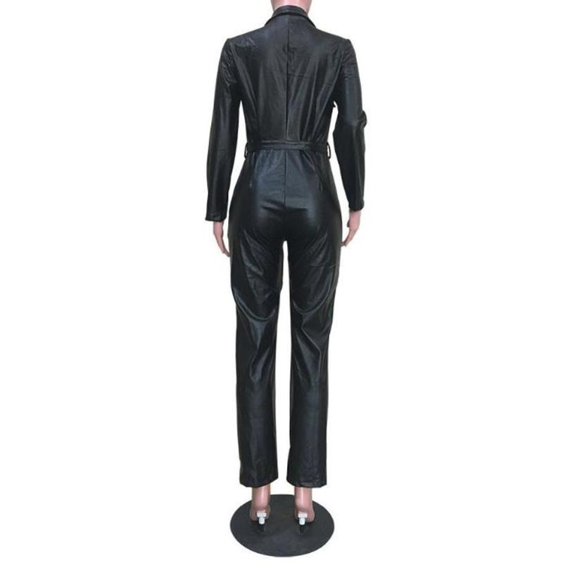 Women's Jumpsuits & Rompers PU Leather Womens Jumpsuit Black Autumn Casual Long Sleeve Clubwear Party Sexy Bodycon Faux Overalls