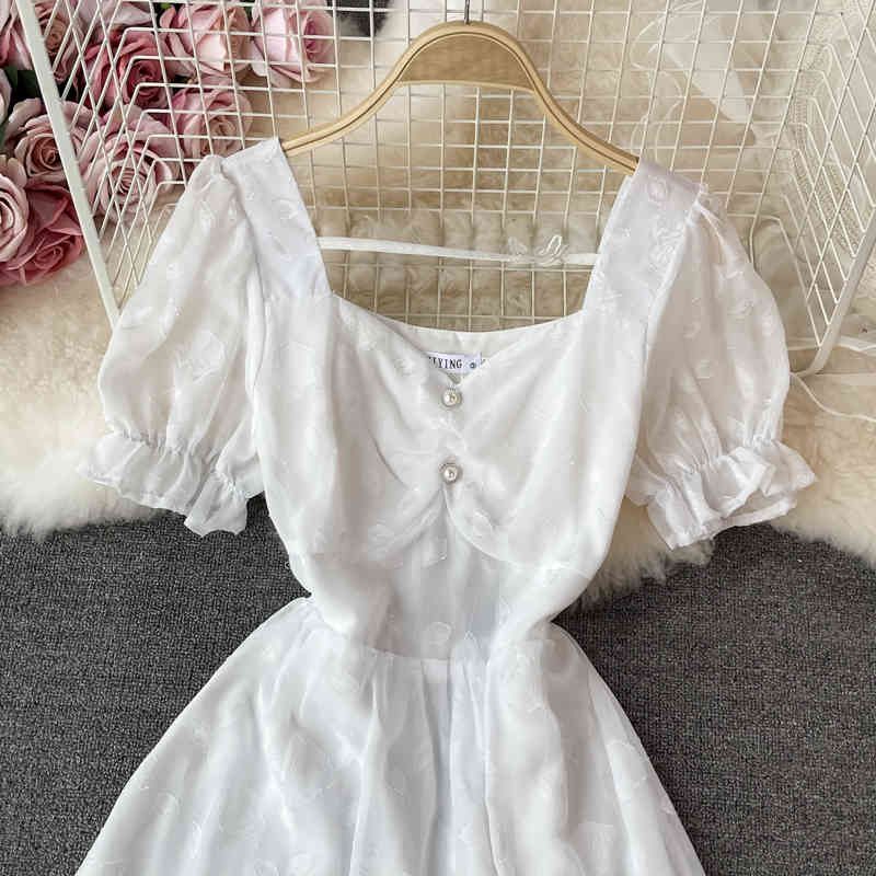 LoveFlowerLife Summer Casual Solid Slim Dress A Line Square Collar Short High Waist Mid-Calf Women Dresses 210521