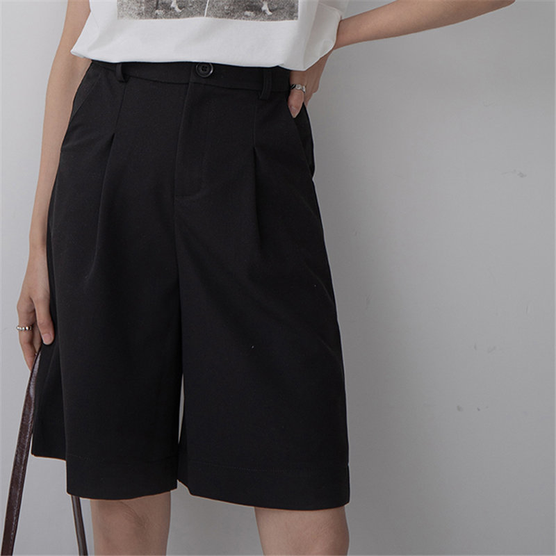 Black Solid Women's Loose Shorts BF High Waist Brief Chic Summer Large Size Casual Straight Female Wide Leg 210421