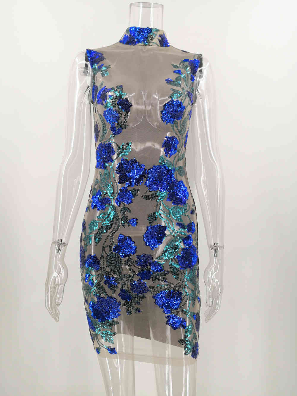 New Summer Red Blue Sleevele Sequins Dress Sexy Bodycon Sheath Gold Pattern High Neck Party Dresses Nightclub Vestidos 210409