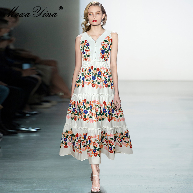 Summer Floral Elegant White Dress Women's V-Neck sleeveless High waist Printed Vacation Midi Vestidos 210524