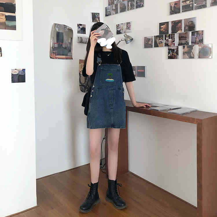 SML korean style Spring summer women vintage high waist straps denim dess female A line mini jeans dress womens (78337 210423