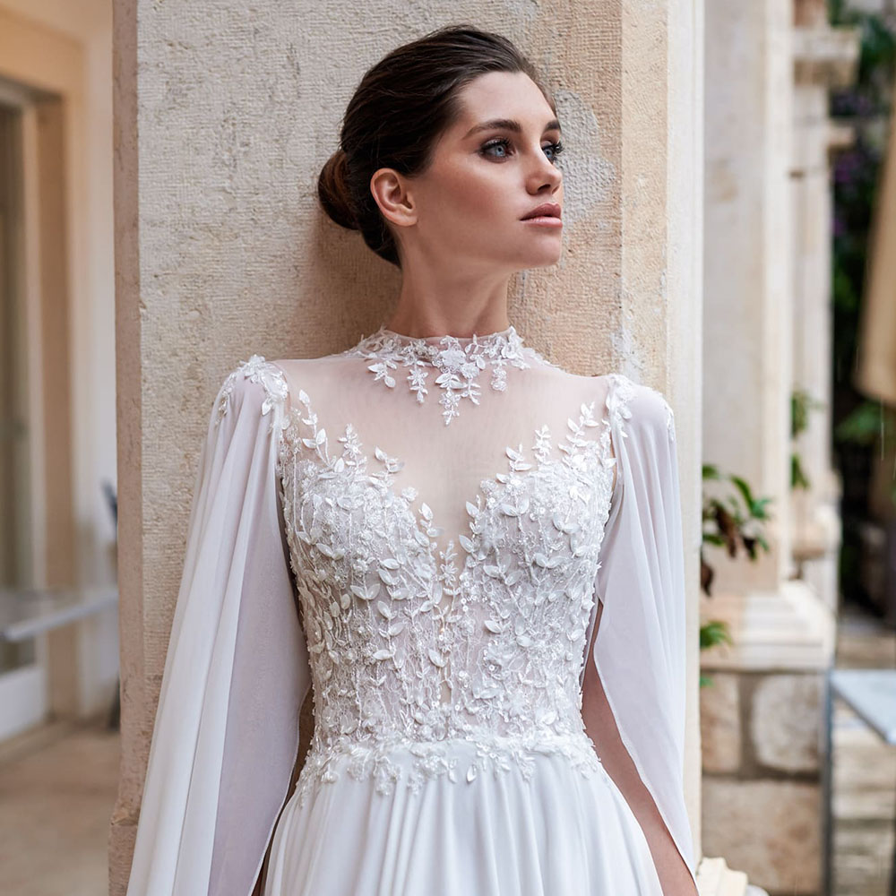 Gorgeous A Line Bridal Gowns High Neck Long Sleeve Ruched Chiffon Wedding Dresses Custom Made Sweep Train Vestidos De Novias