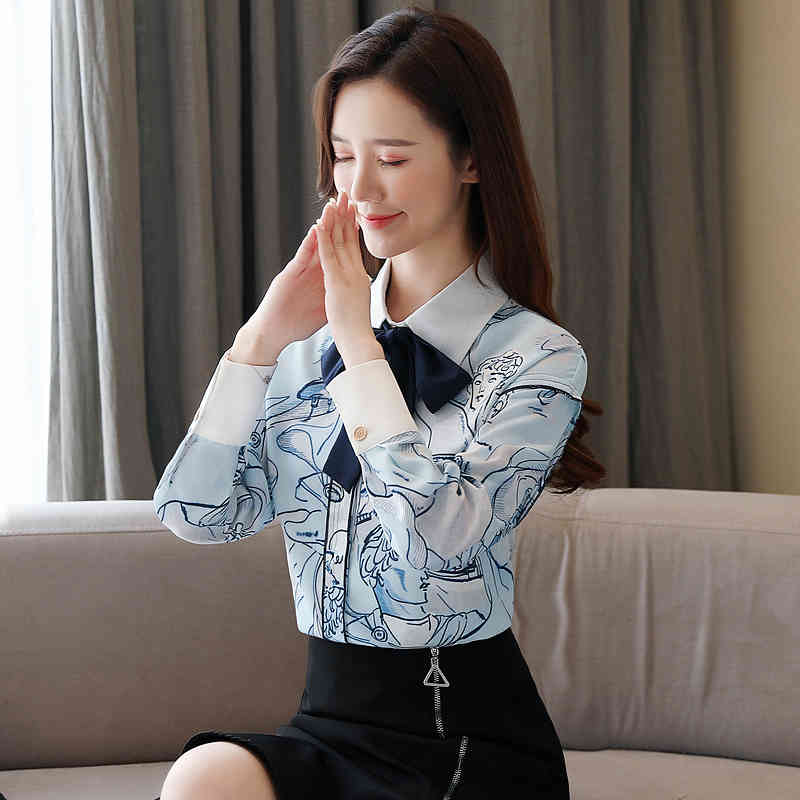 Vintage Bow Chiffon Blouse Elegant Office Lady Tops Women Spring Fashion Long Sleeve Print Shirt Blusas 8388 50 210506