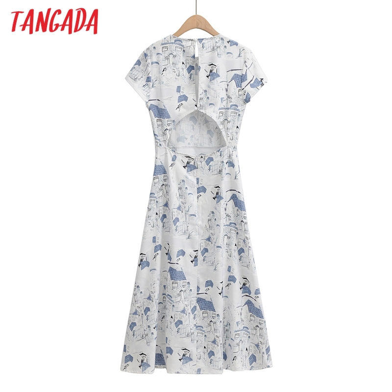 Summer Women Print Backless Beach Short Sleeve Ladies Midi Dress Vestidos 1F95 210416