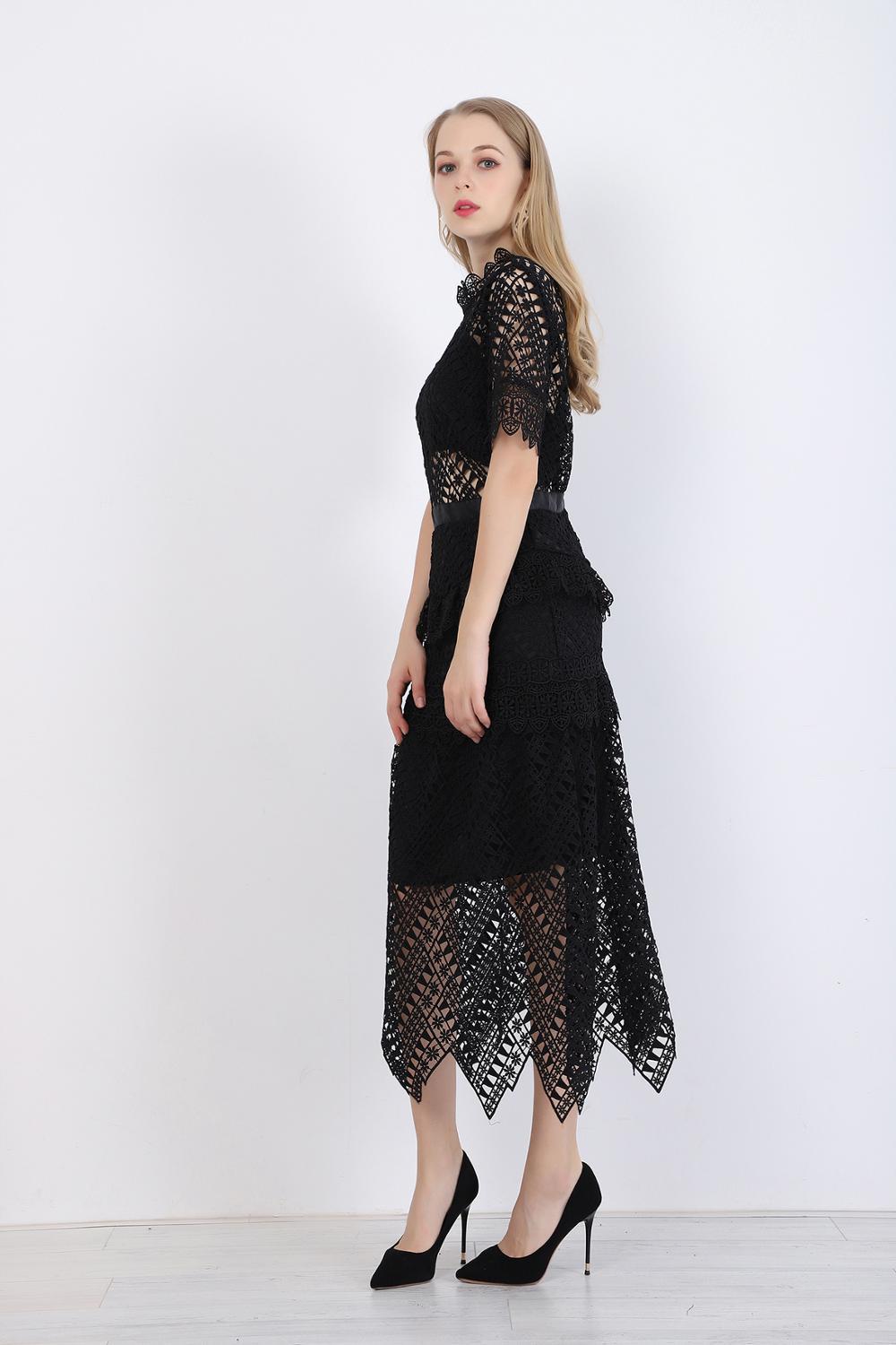 arrive Women's black Lace short Sleeve Summer Dress Sexy hollow Maxi Long vestidos Self Portrait 210520