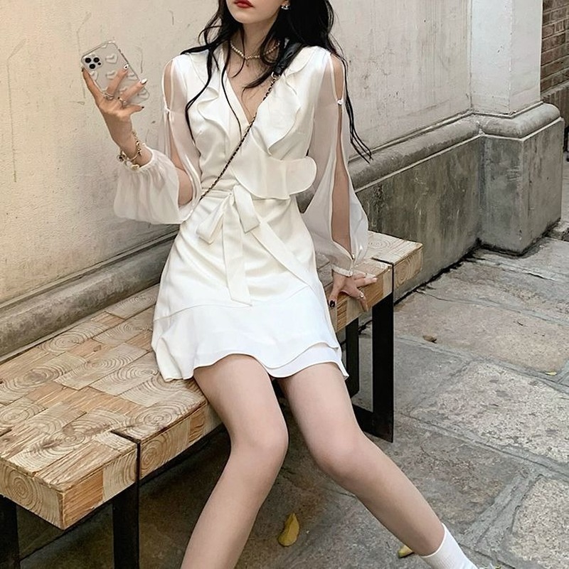Summer Elegant Mini Dress Woman Dress Korean Elegant Party Beach Dress Female Lantern Sieeve Office Lady V-Neck 210521