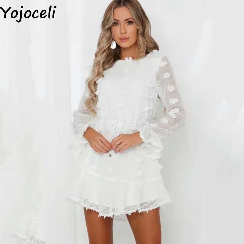 Yojoceli Elegant white lace autumn dres Casual party short daily female vestidos Sexy loose ruffle es 210609