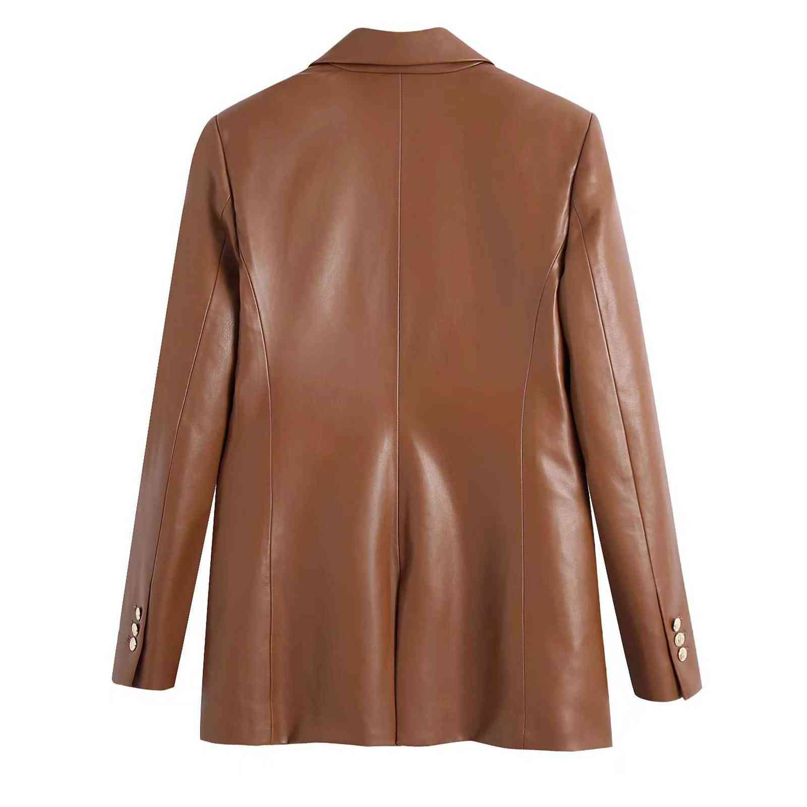 DUOPERI Fashion Faux Leather Blazer Women Elegant Long Sleeves Double breasted Office Lady Suit Female veste femme 211122
