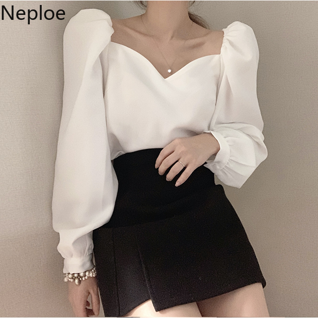 Neploe Vintage Elegant Blouses for Women Clothing Korean Square Collar Chic Shirts White Black Tops Long Sleeve Blusas Mujer 210422