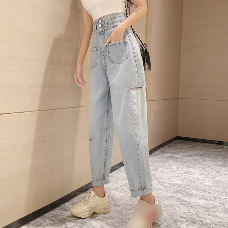 Comelsexy Autumn Vintage Jeans Woman Long Trousers Cowboy Female Loose Streetwear High-rise Ripped Pants 210515