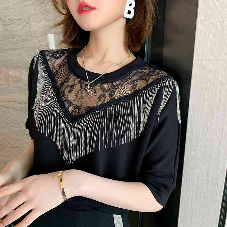 Summer Women's 2 PCS Set Fashion Tassel Lace Patchwork Shirt + Knee Pencil pocket Skirt OL Suits 210506