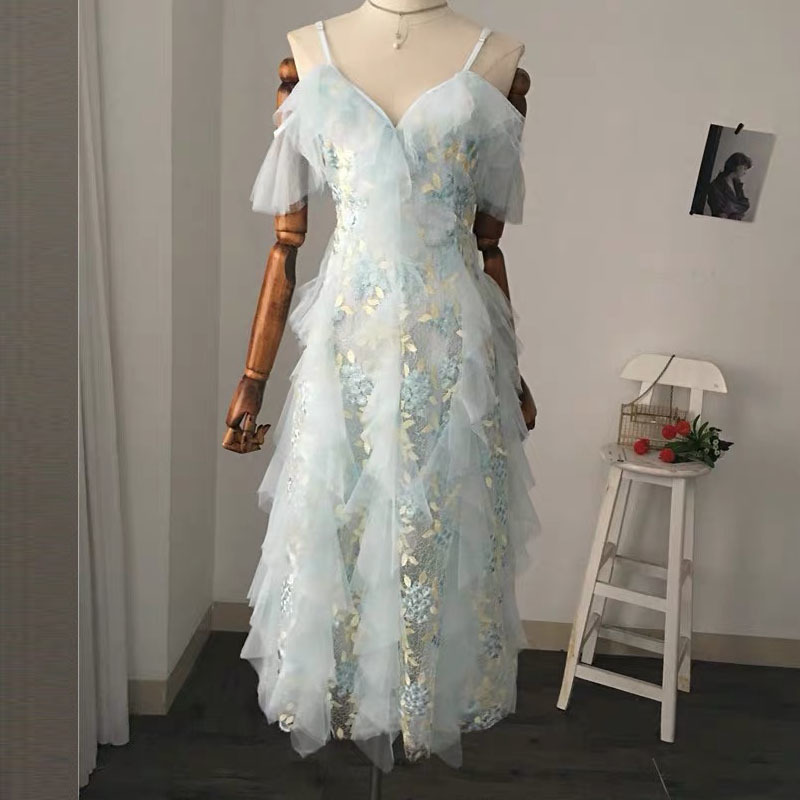 high quality embroidery spaghetti strap elegant vestidos sleeveless ruffles party evening Long dresses lady midi dress 210421