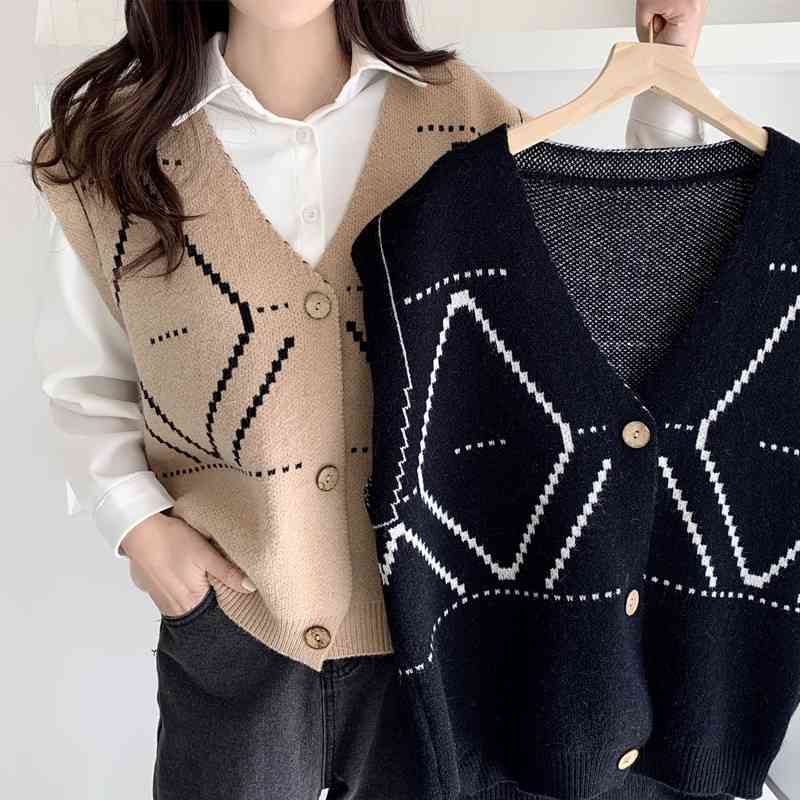 Single Breasted Plaid Knitted Carigan Vest Women Sleeveless V-neck Tops Korean Vintage Female Sweater Femme 210514