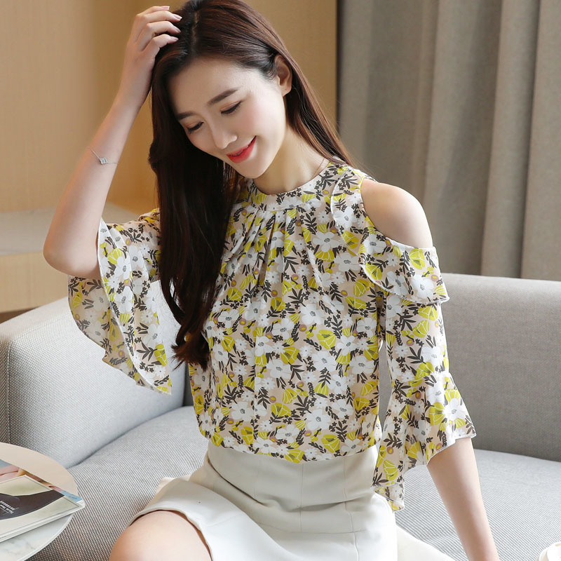 Summer Chiffon O-Neck Short Sleeve Women Loose Flower Off-Shoulder Pullover Flare Shirt Blusas Mujer De Moda 8982 50 210518