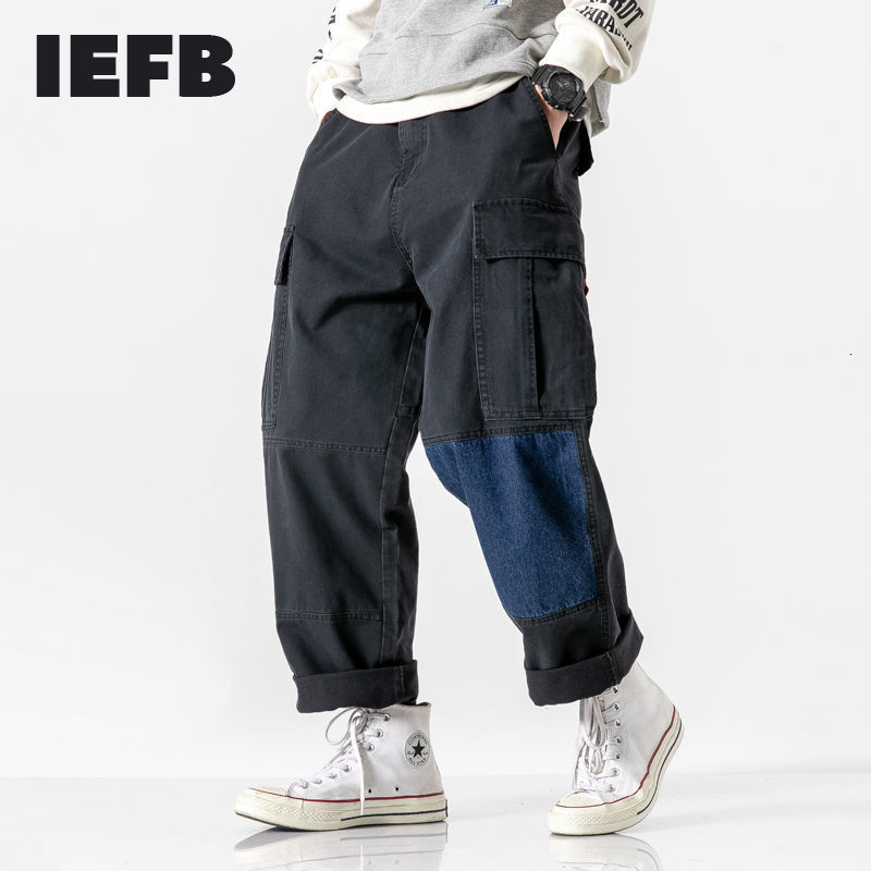 IEFB Spring Summer Contrast Color Loose Men's Straight Overalls Drawstring Bottom Workwear Trousers For Male 9Y6061 210524